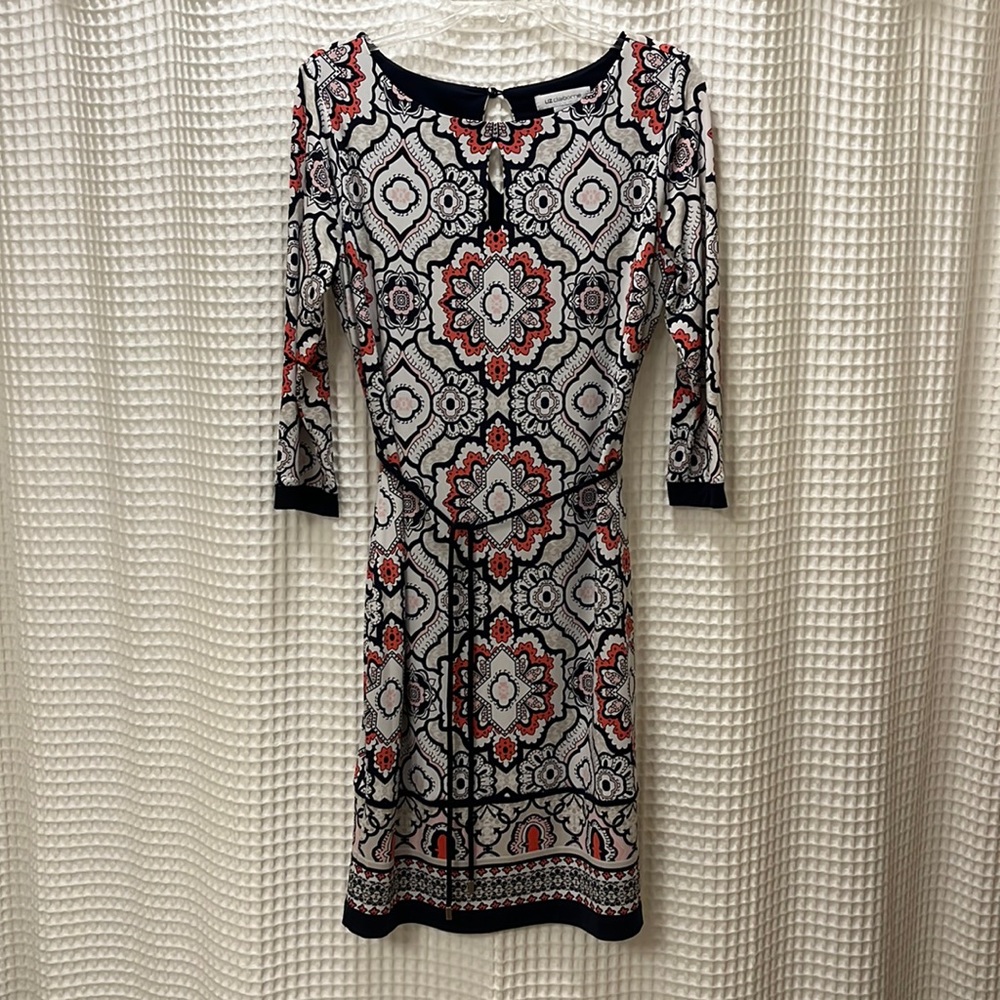 Navy, white, and coral 3/4 sleeves dress.